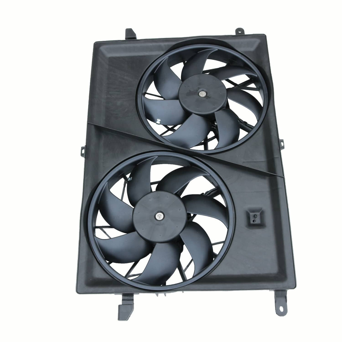 Dual radiator cooling fan assembly, two black fans on vented shroud
