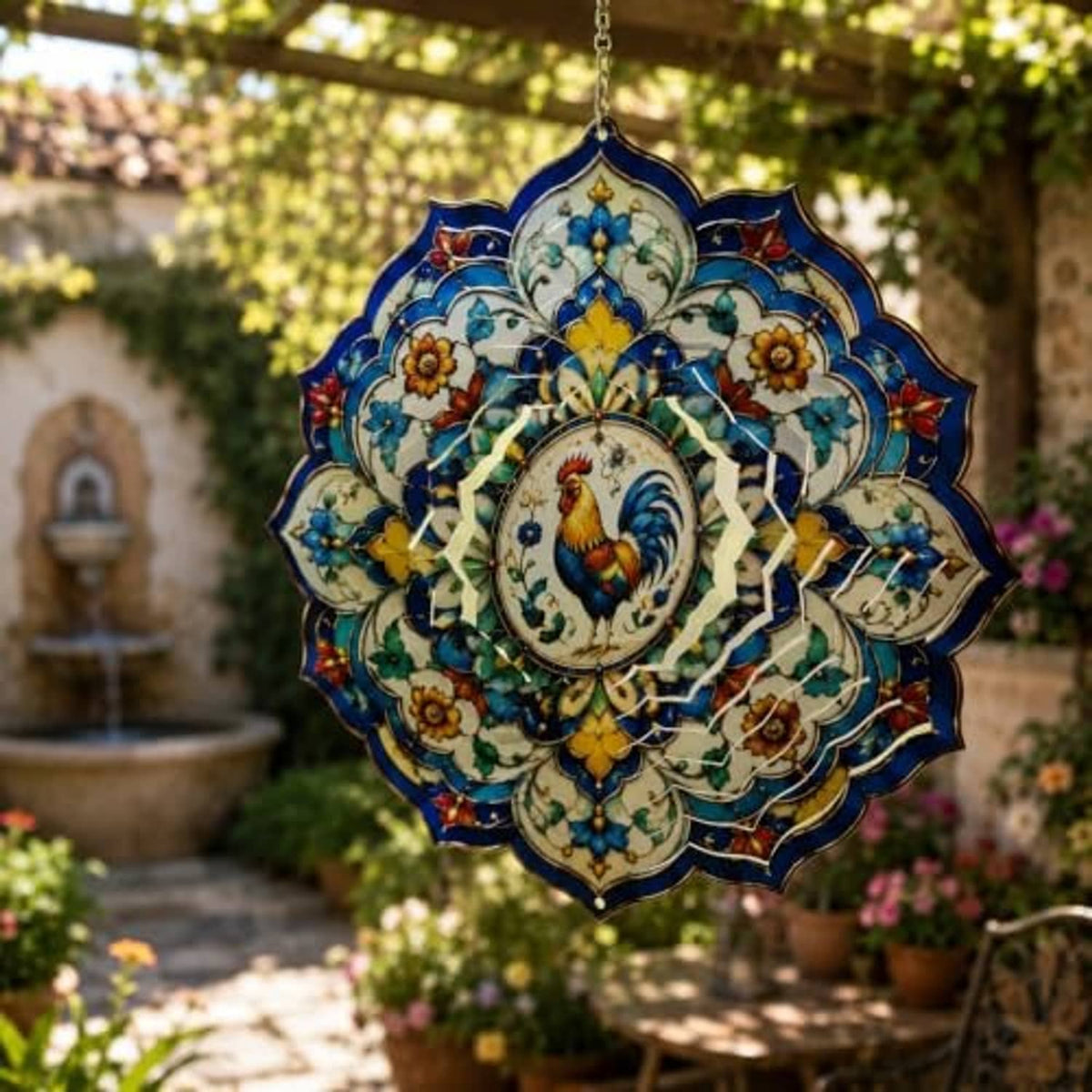 Hanging rooster wind spinner mandala with blue floral layers and silver chain