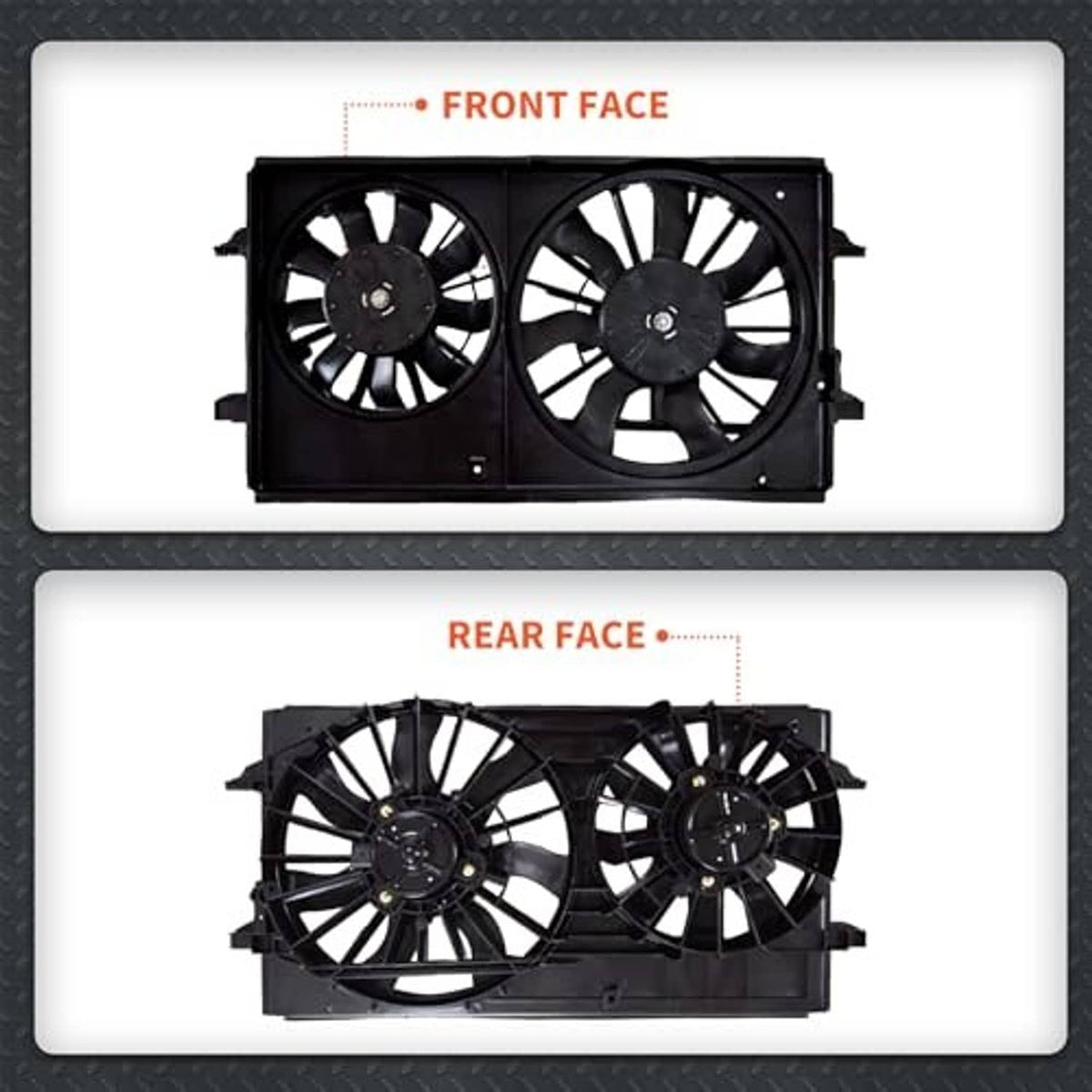 Radiator cooling fan assembly shown from front and rear with dual fans and brackets