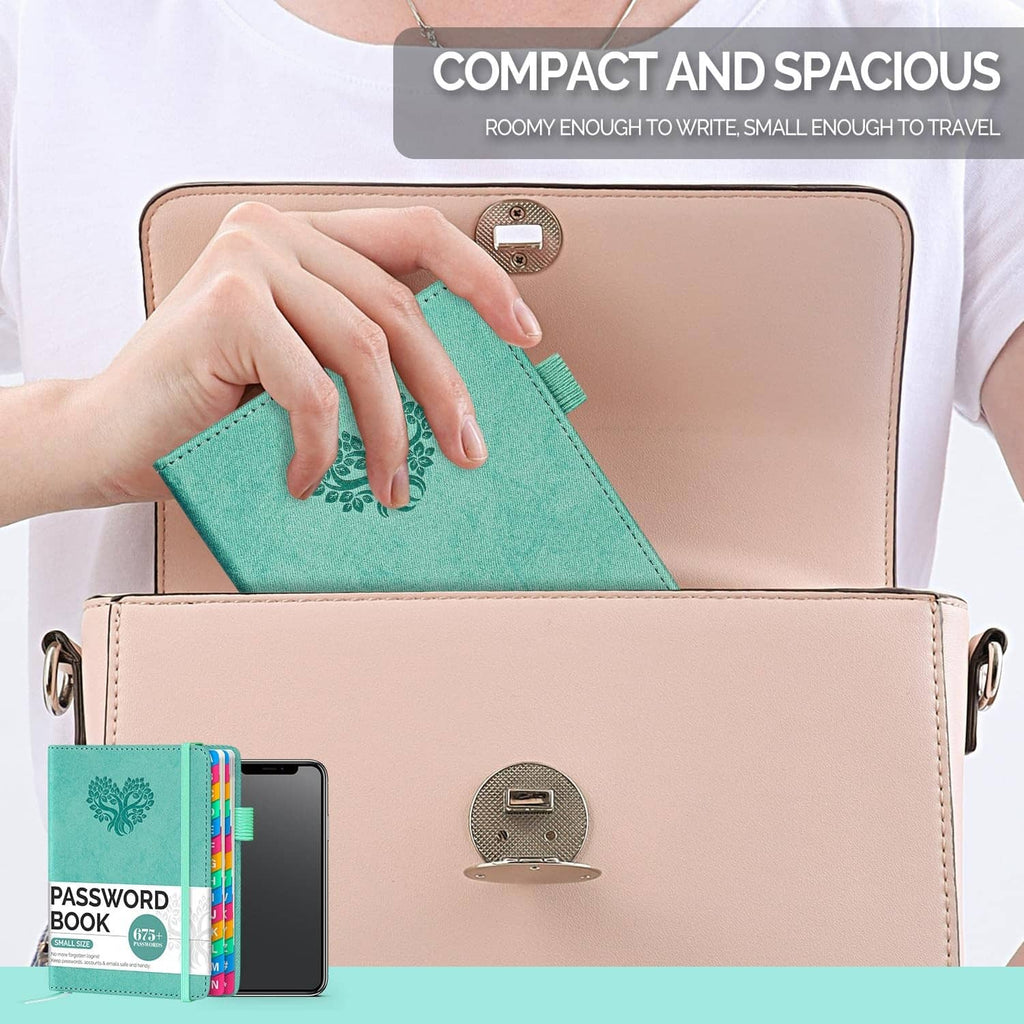 Turquoise password keeper book held in a travel organizer for compact carry