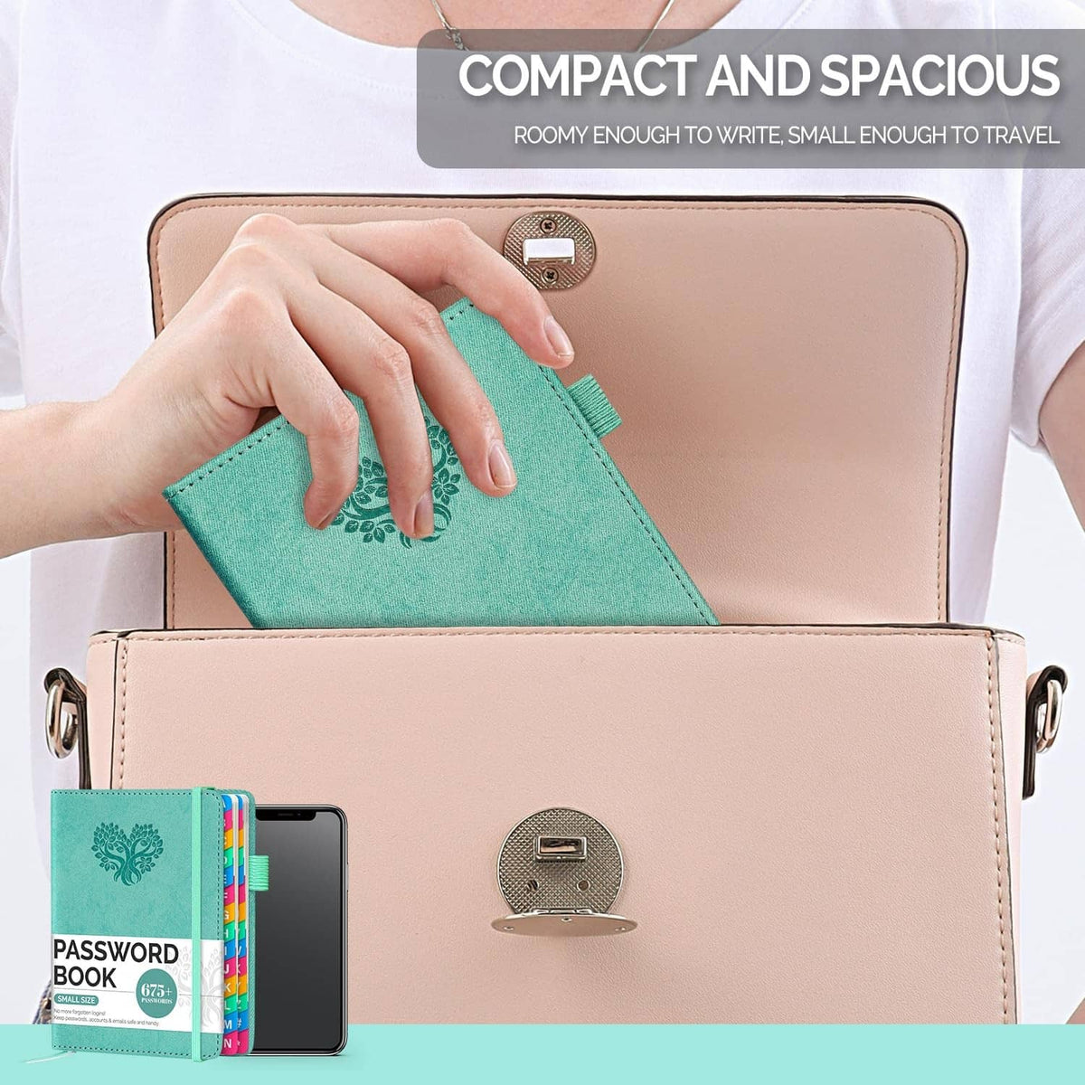Turquoise password keeper book held in a travel organizer for compact carry