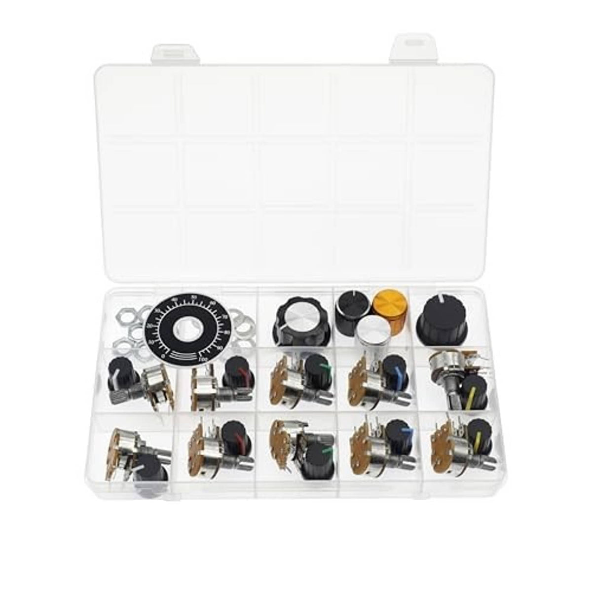 10k 5-pin horizontal single-turn potentiometer set; open clear case with parts