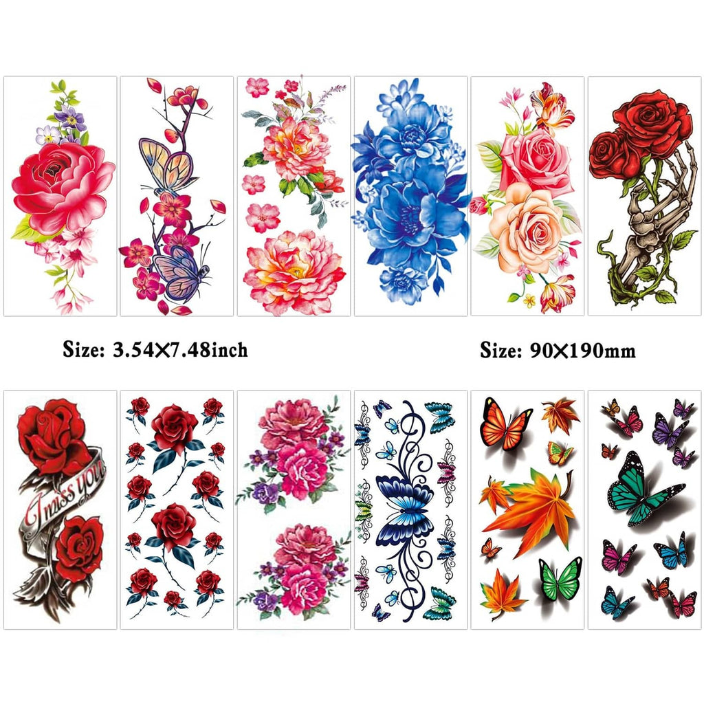 Temporary tattoo sticker set on a sheet with roses, butterflies, and floral scroll designs