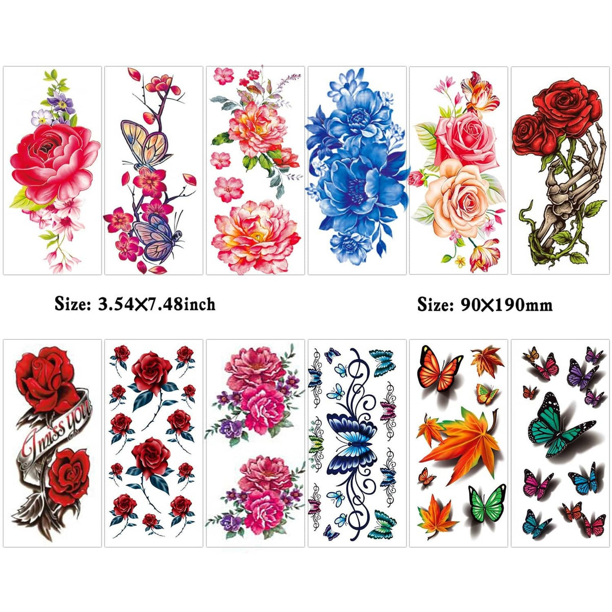 Temporary tattoo sticker set on a sheet with roses, butterflies, and floral scroll designs