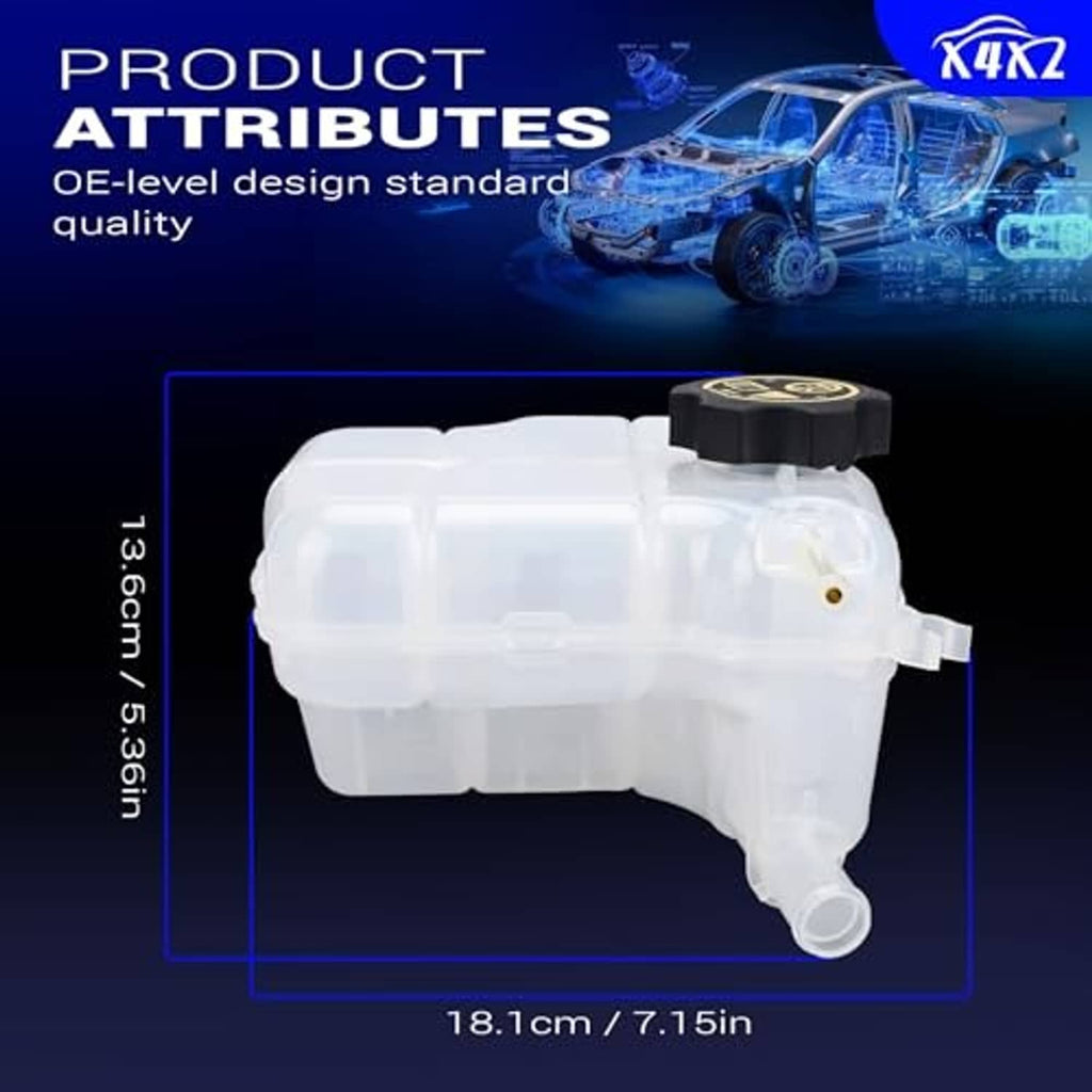Translucent white coolant expansion tank with black cap, outlet tube and size marking