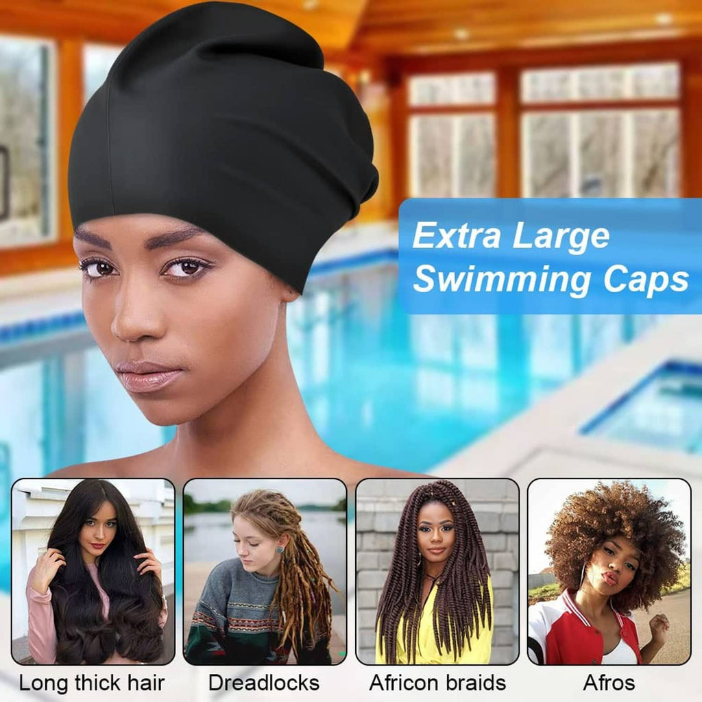 Black extra-large swimming cap on model, smooth stretch fabric covering head.