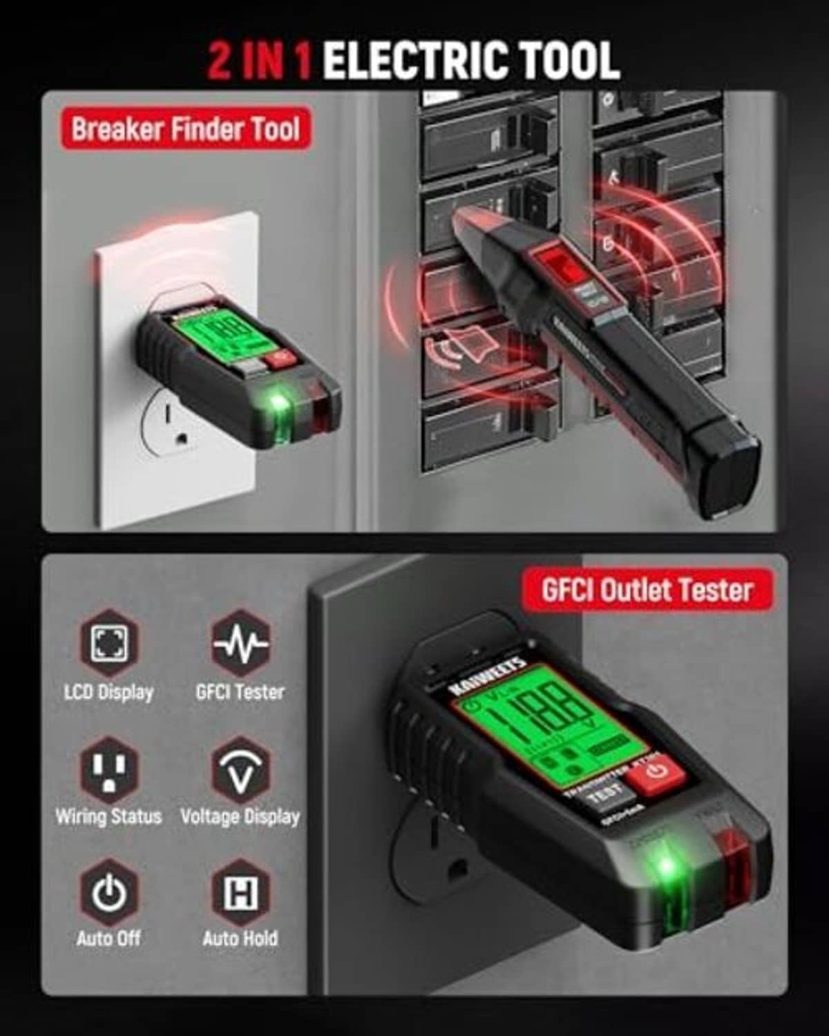 2-in-1 circuit breaker finder and GFCI tester with green LCD readouts on black tools
