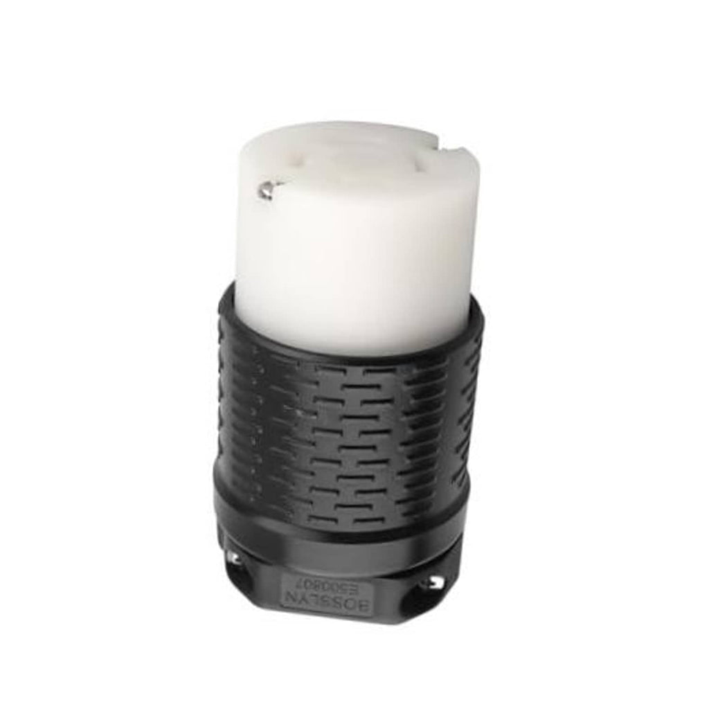 Industrial locking power plug with white insulator and black ribbed housing