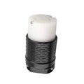 Industrial locking power plug with white insulator and black ribbed housing