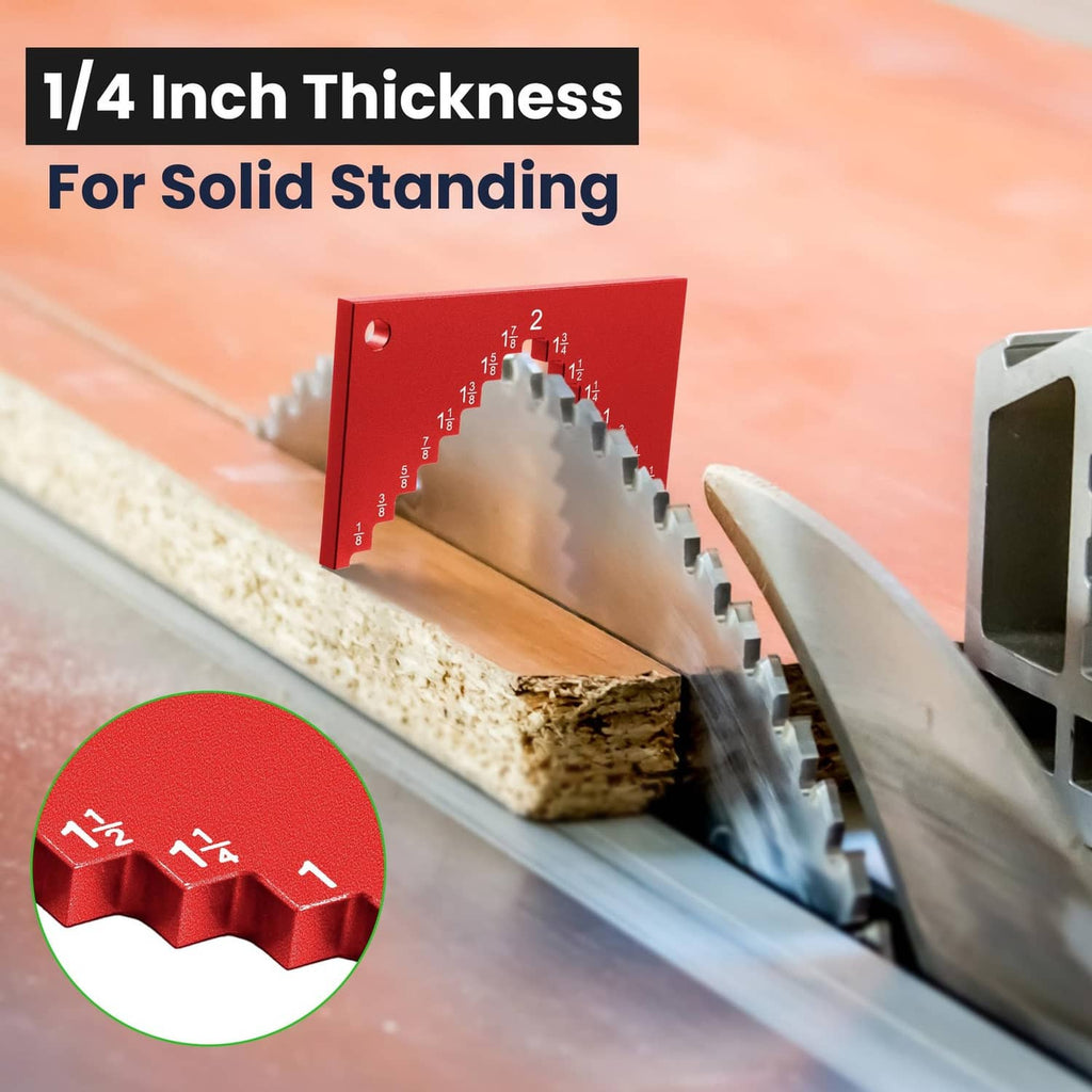 Red table saw height gauge inserted along a fence, showing notched height measurements