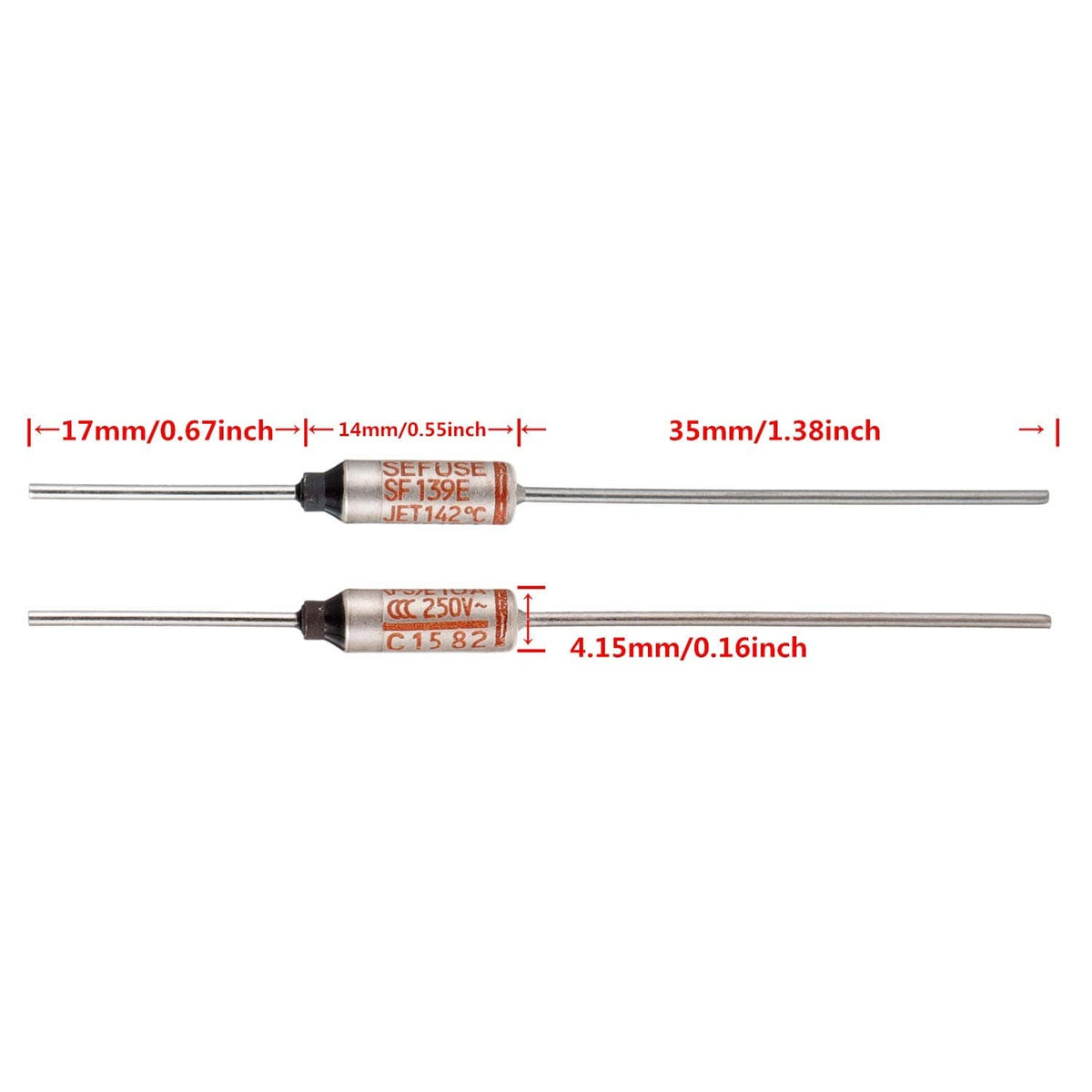Thermal fuse pair with red cylindrical body and metal pins, dimensions marked