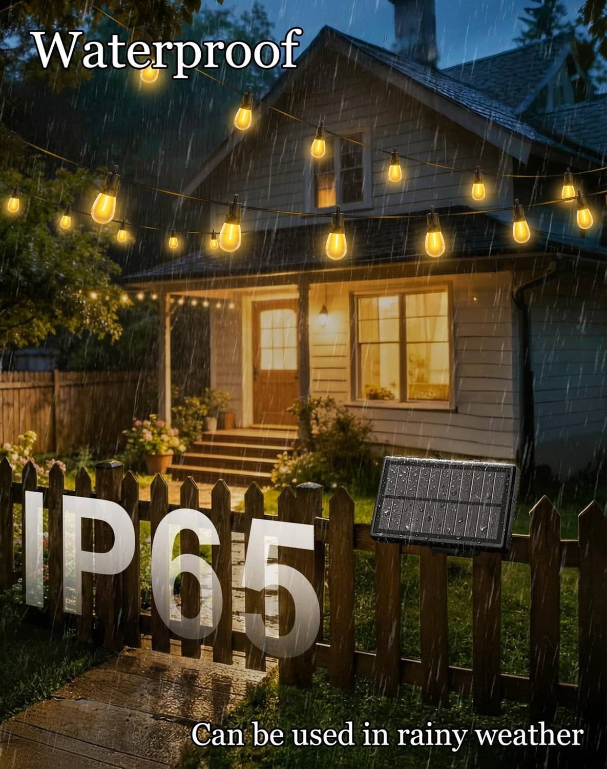 Outdoor solar waterproof string lights with glowing bulbs and a foldable solar panel