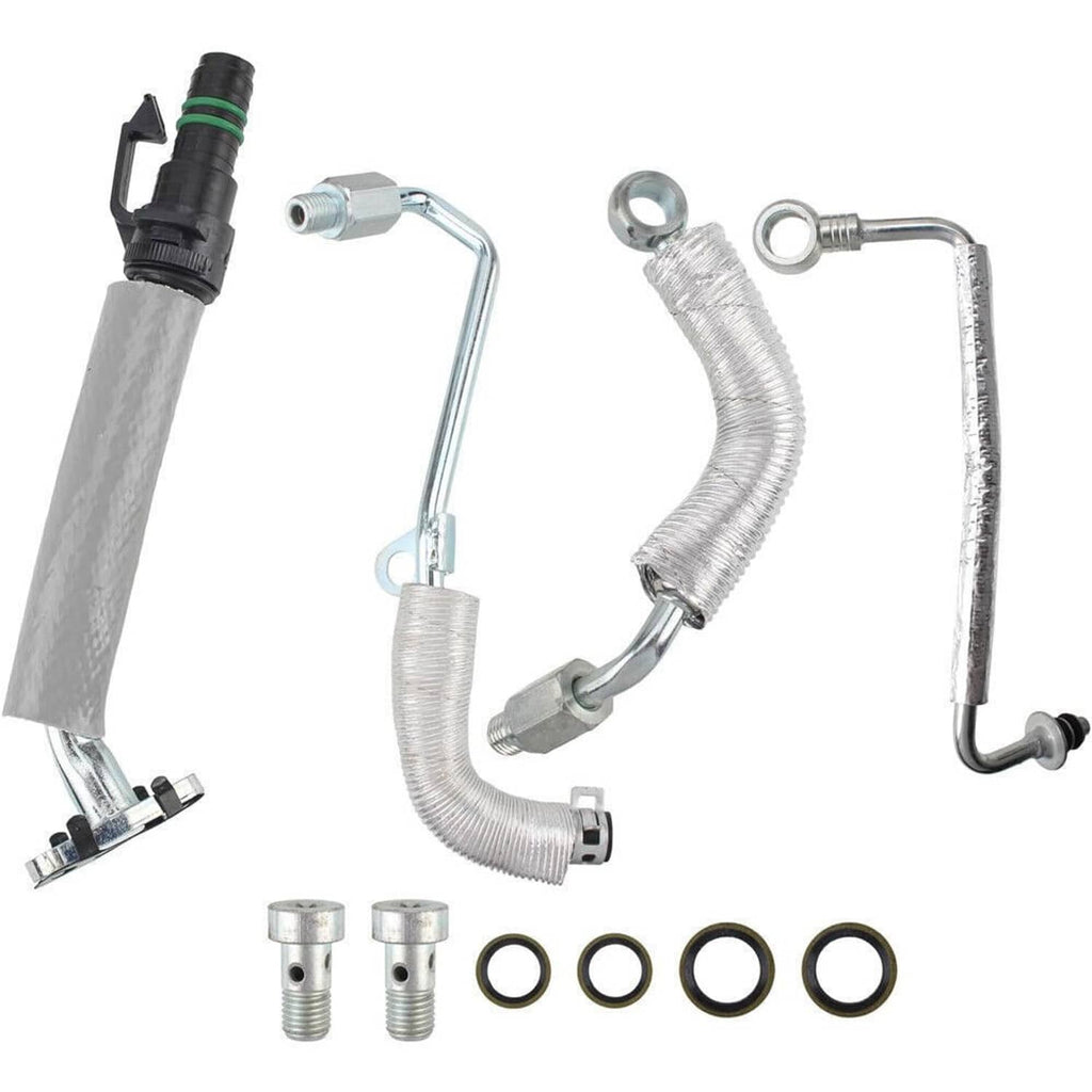 Turbo coolant return hose line assembly with braided hoses, fittings, and O-ring seals