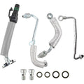 Turbo coolant return hose line assembly with braided hoses, fittings, and O-ring seals