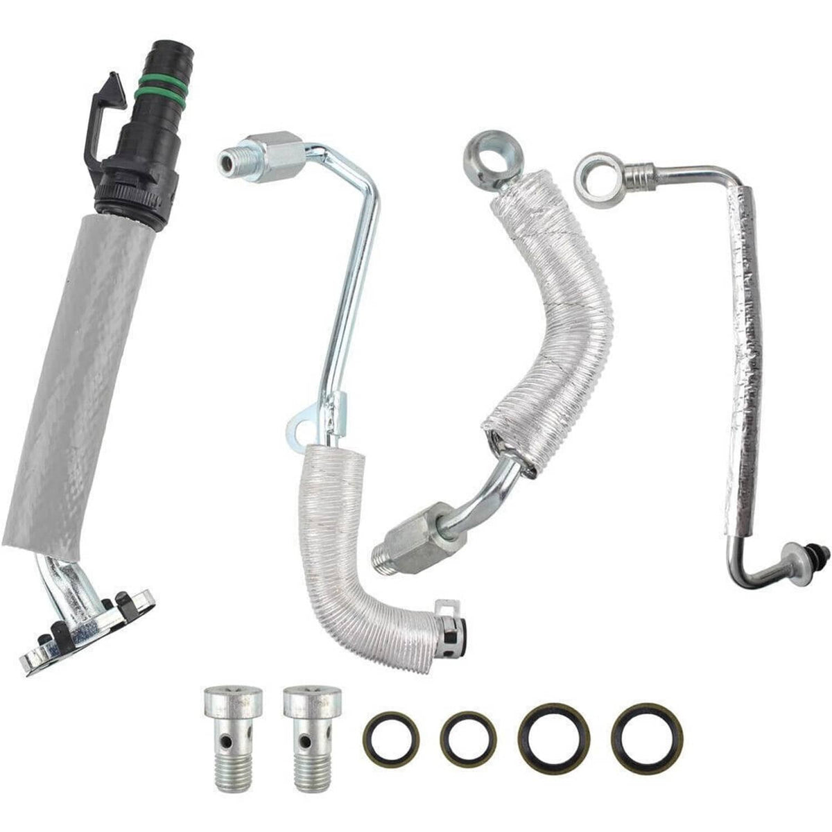Turbo coolant return hose line assembly with braided hoses, fittings, and O-ring seals