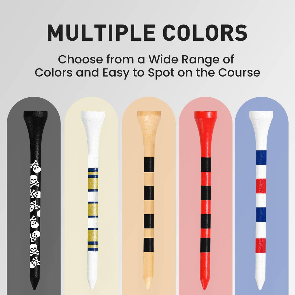Assorted golf tees in black, white, tan, red, and blue with striped shafts