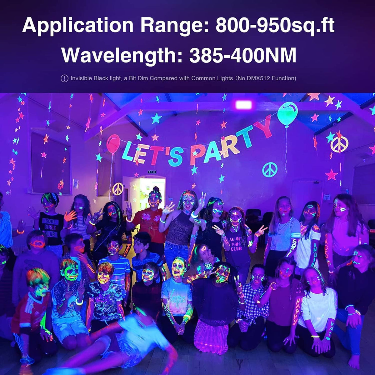 Blacklight flood lights casting vivid purple lighting across an indoor party scene