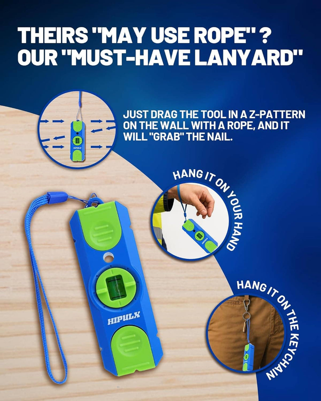 Blue and green stud finder hanging from lanyard cord on a wall-scanning guide