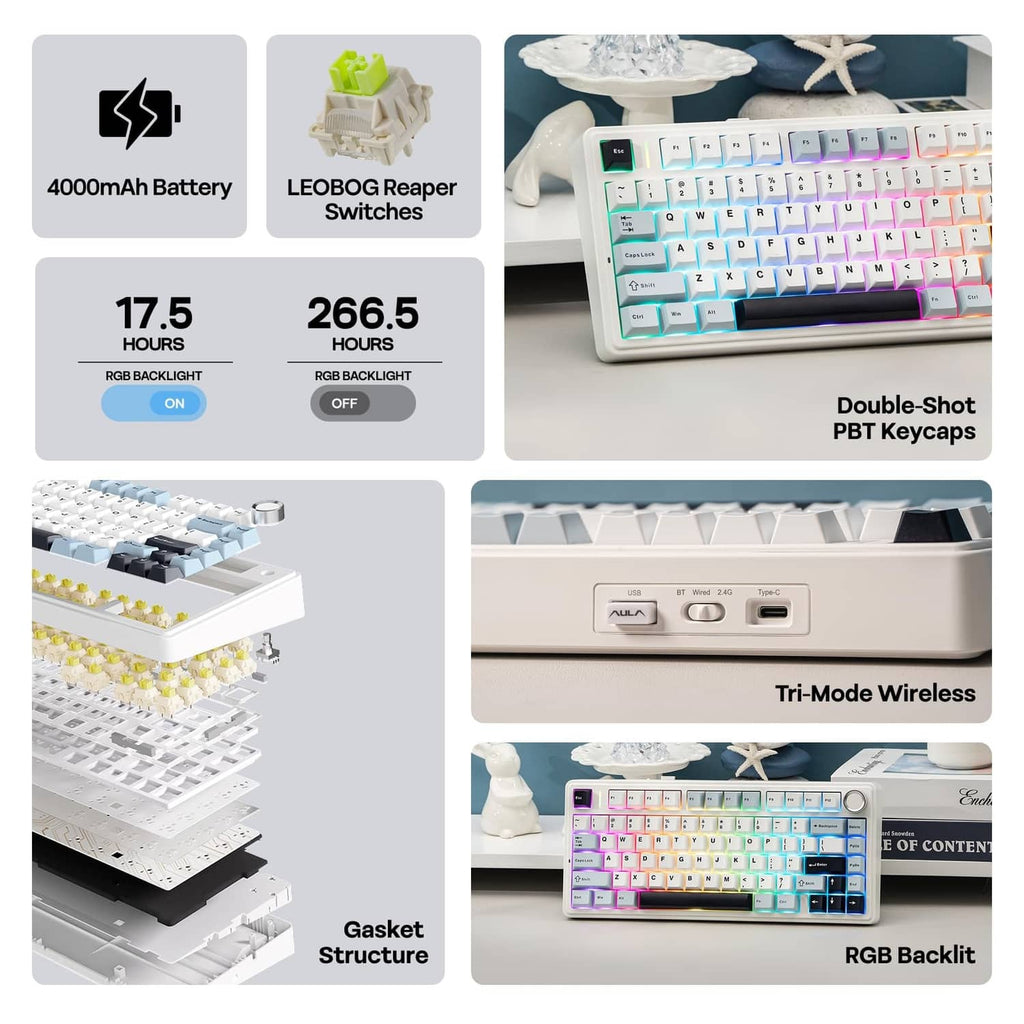 Light blue gaming keyboard with RGB backlight and double-shot PBK keycaps