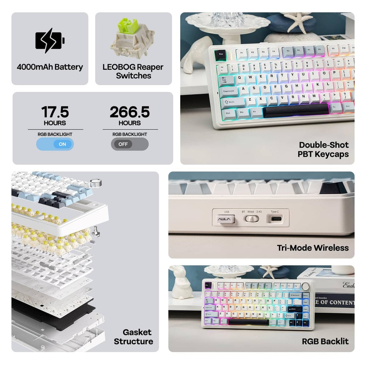 Light blue gaming keyboard with RGB backlight and double-shot PBK keycaps