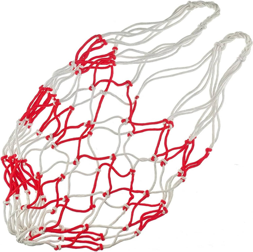 Carboy carrier net strap with white cord and red crisscross rope mesh.