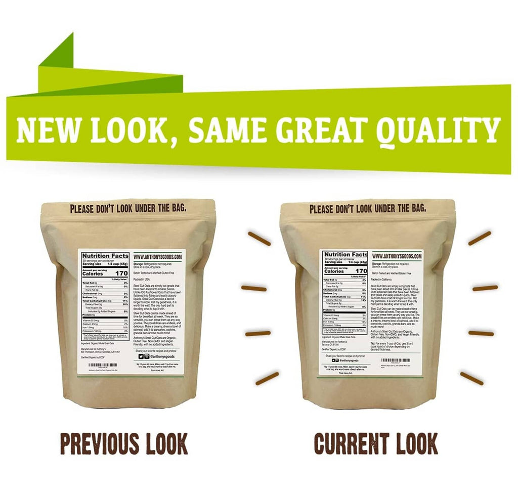 Anthony's organic steel cut oats pouch, back view showing nutrition facts panels (previous/current look).