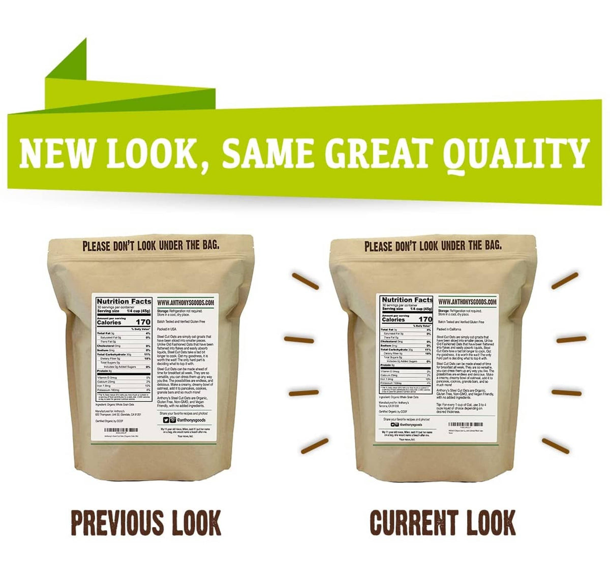 Anthony's organic steel cut oats pouch, back view showing nutrition facts panels (previous/current look).