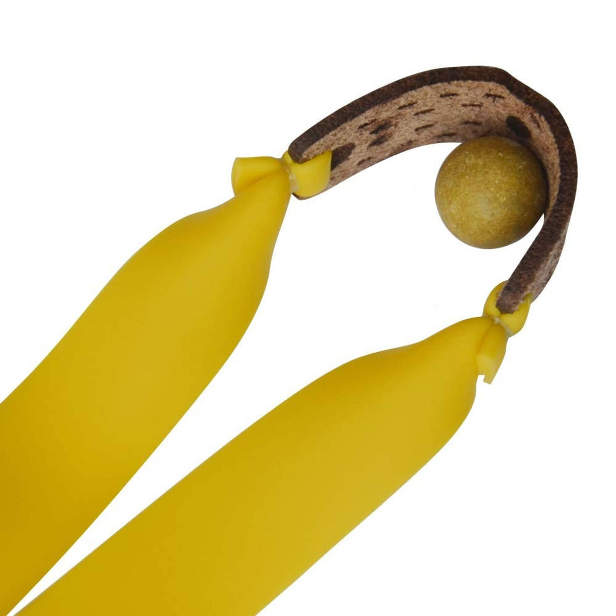 Yellow flat slingshot rubber bands with brown loop connector close-up