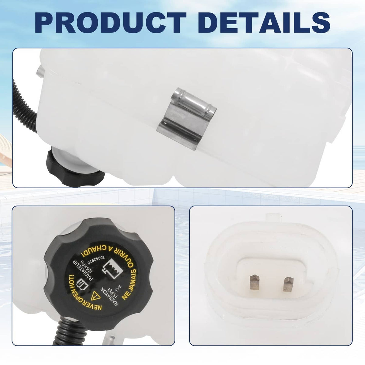 Coolant overflow reservoir tank with black cap and metal mounting bracket, white plastic