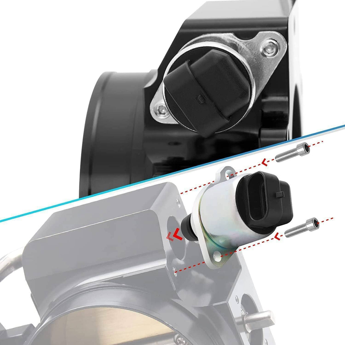 Idle air control valve installed on throttle body with sensor connector and screws