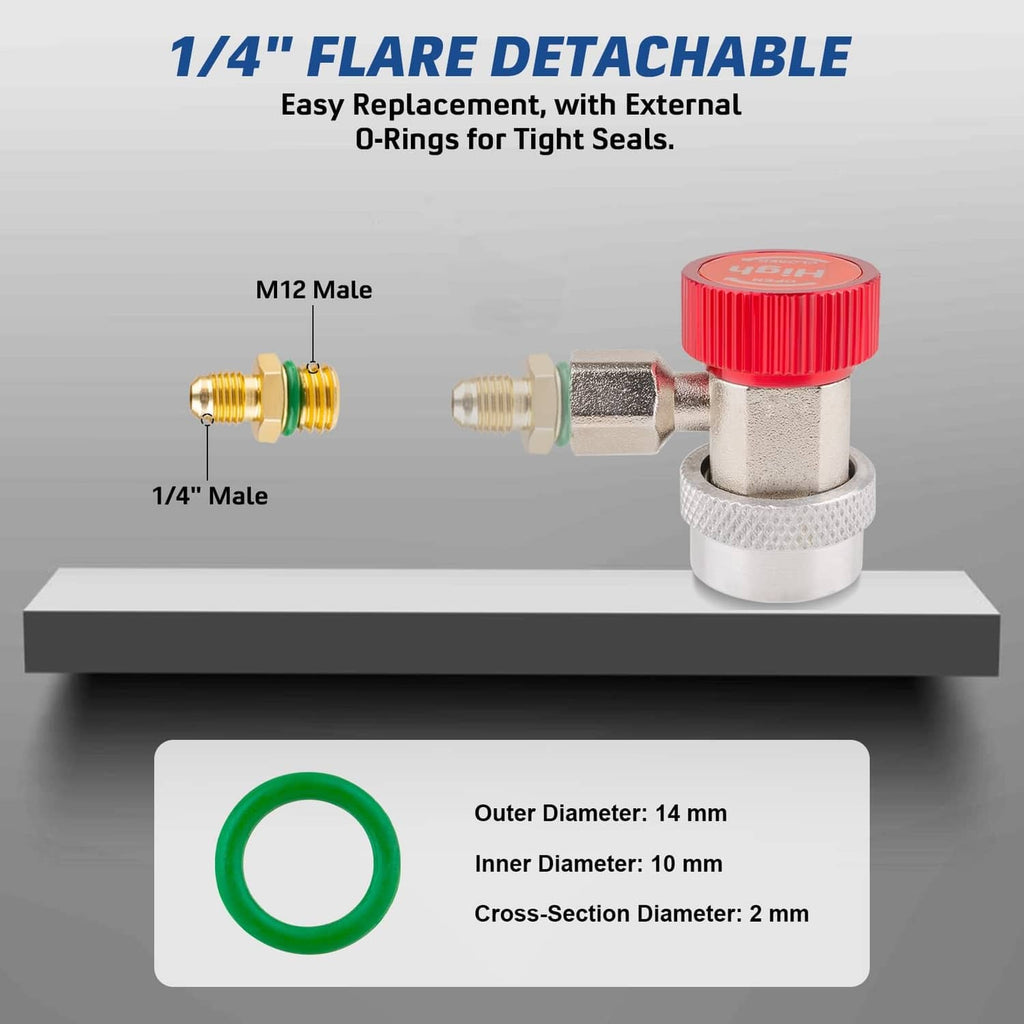 1/4 in and M12 male flare refrigerant adapter fitting with green O-ring seal