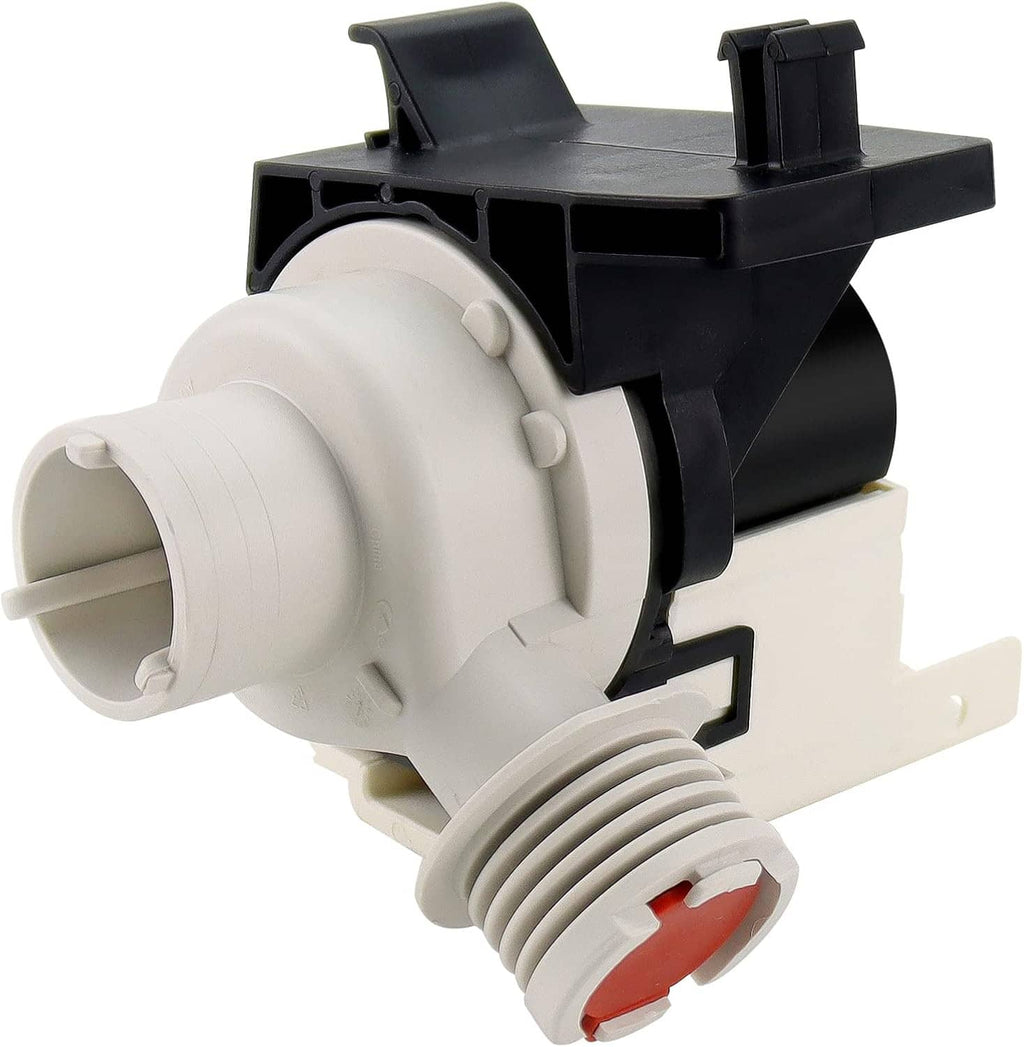 Washer drain pump replacement showing white inlet tube and black electrical connector