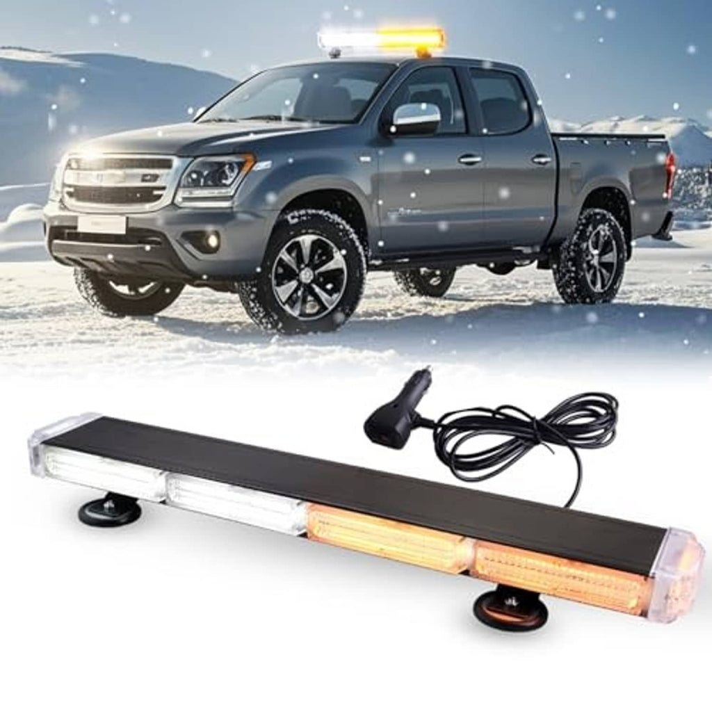 Rooftop emergency LED strobe light bar showing amber and white LED sections, with power cord