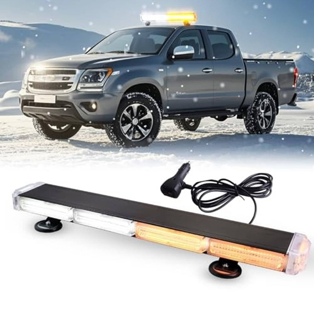 Rooftop emergency LED strobe light bar showing amber and white LED sections, with power cord
