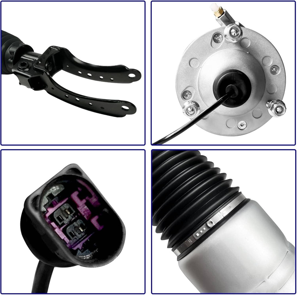 Air strut components close-up: black brackets, connectors, wiring plug, and bellows