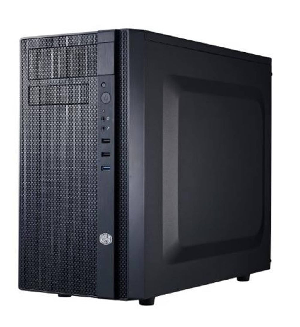 Black mini tower PC case with fully meshed front and opaque side panel