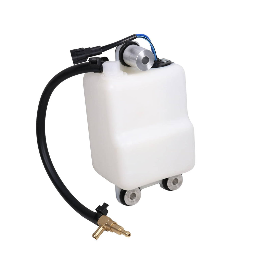 Outboard oil tank assembly with white reservoir, black hose loop, and brass fuel fitting at base