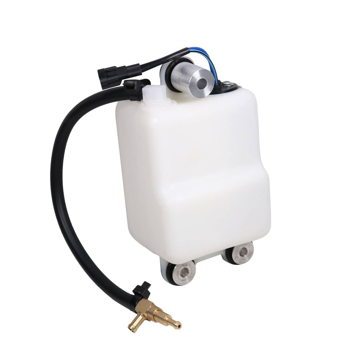 Outboard oil tank assembly with white reservoir, black hose loop, and brass fuel fitting at base