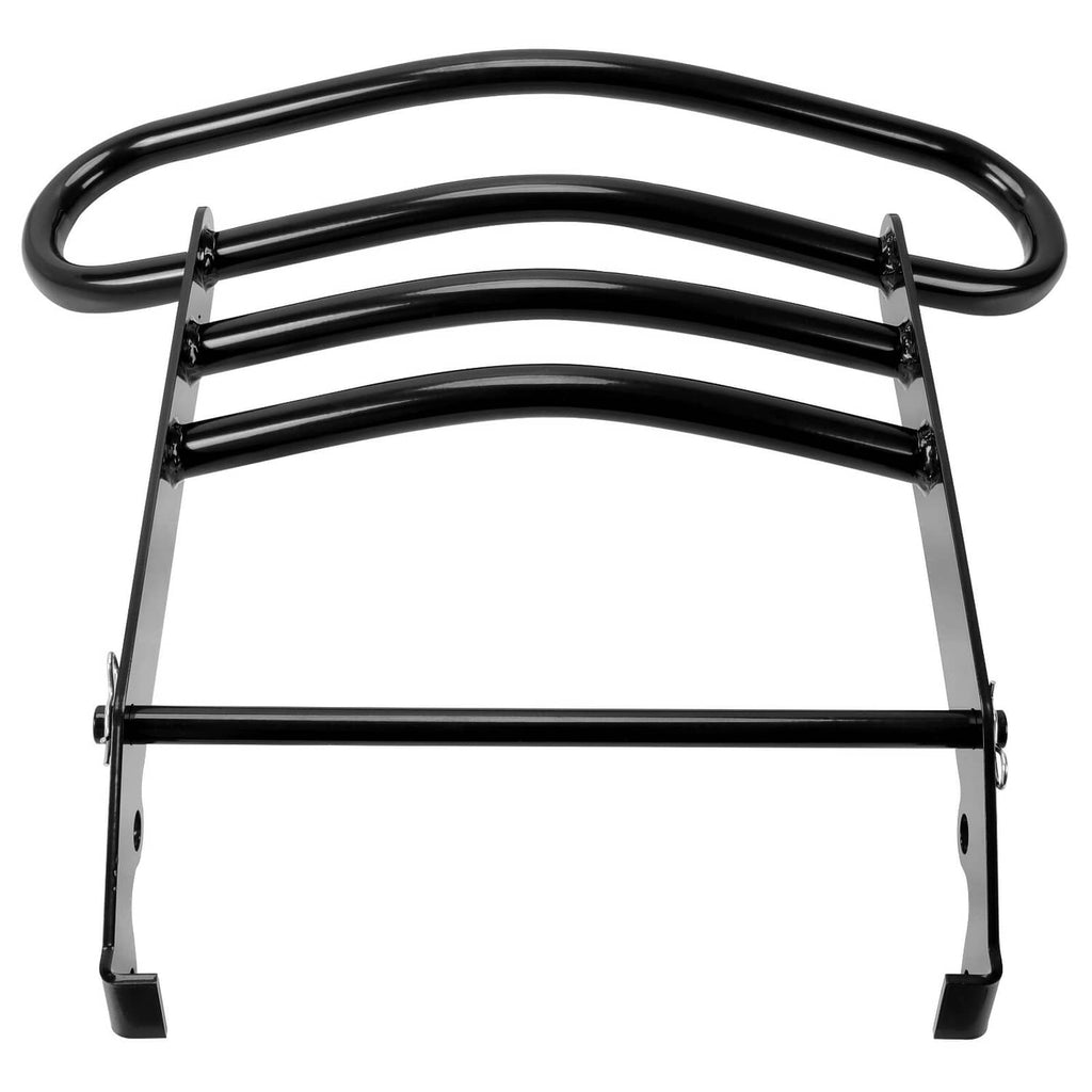 Black brush guard side view with curved top and lower crossbar supports