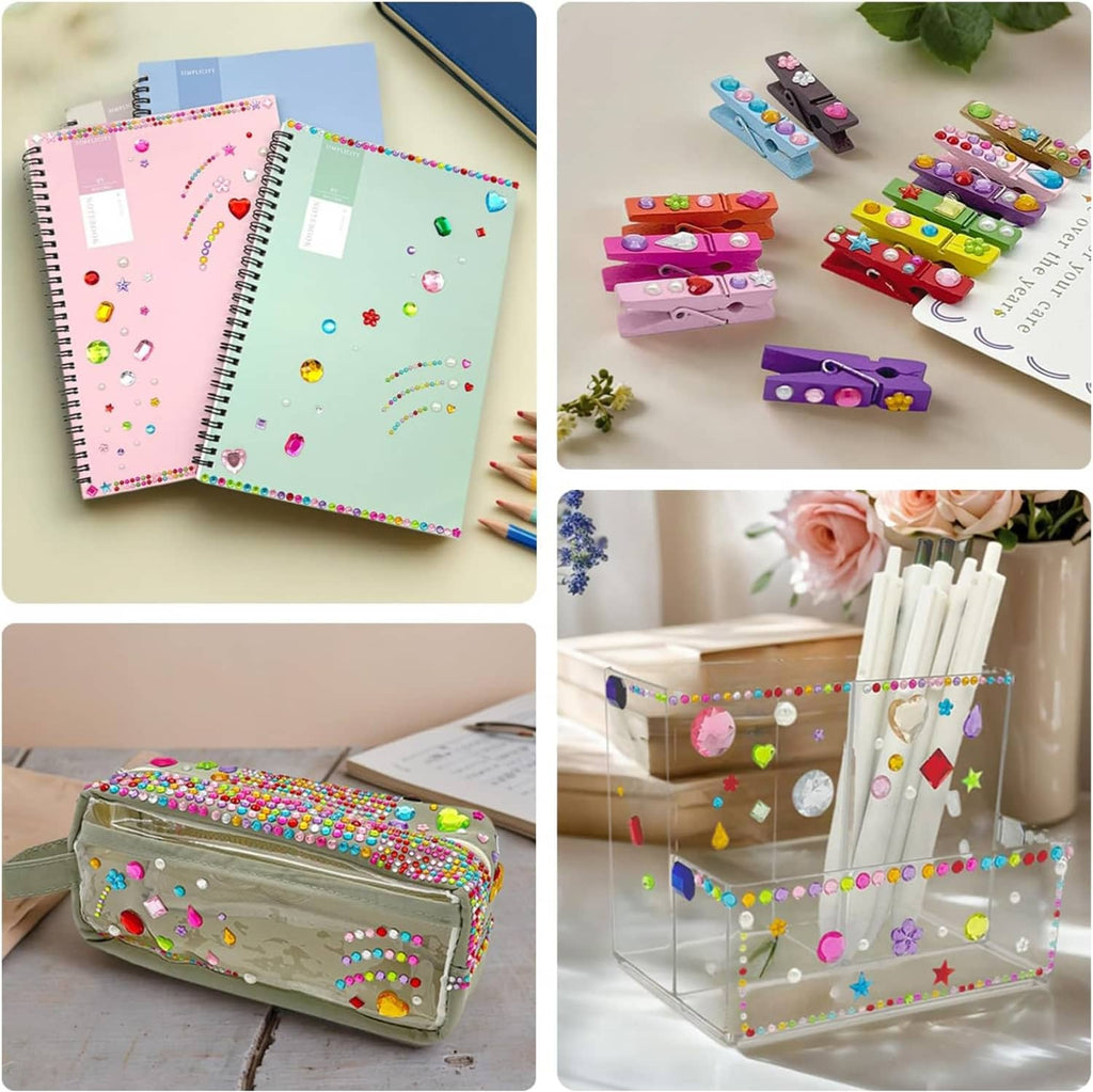 Colorful self-adhesive gem stickers decorating journals, clips, and a clear organizer