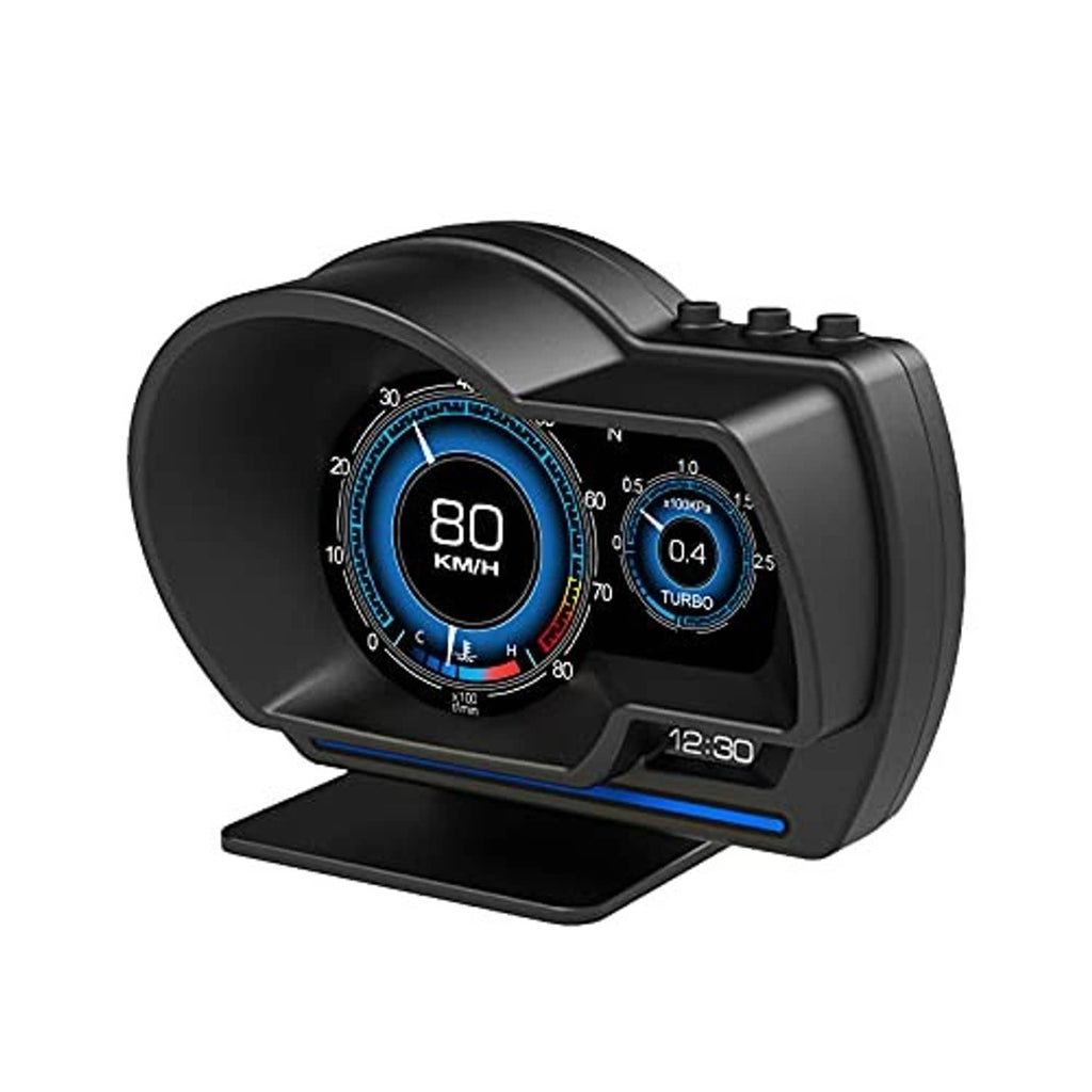 Black OBD+GPS HUD digital gauge showing blue speed dial, turbo meter, and digital readout