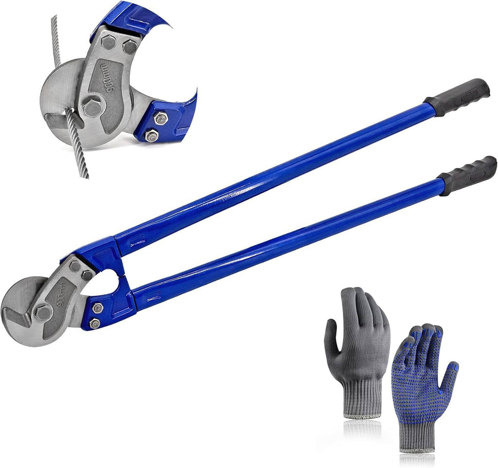 Wire rope cutter tool with hardened steel head, blue handle, plus safety work gloves