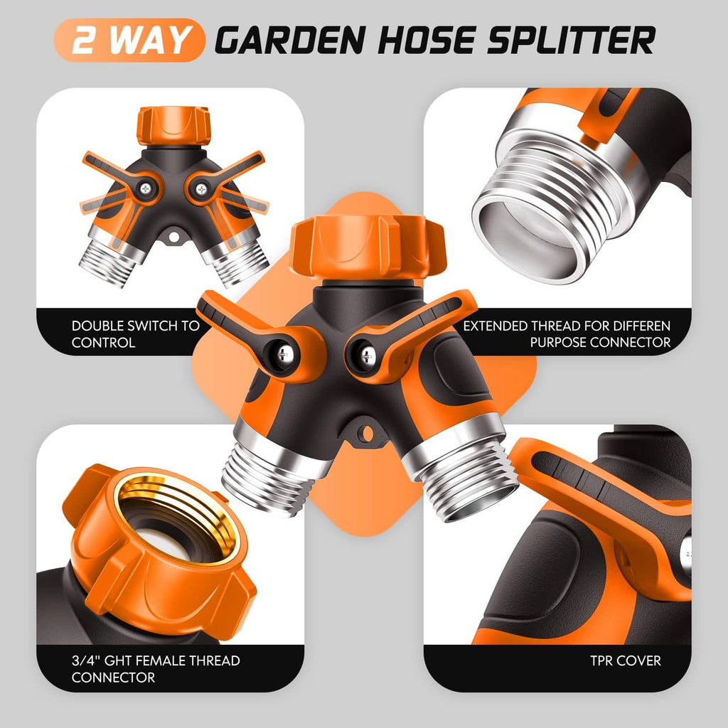 Two-way garden hose splitter overview, orange/black ports with threaded connectors