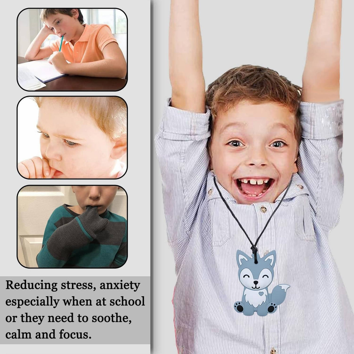 Kids chew necklace with a grey wolf silicone pendant on black cord
