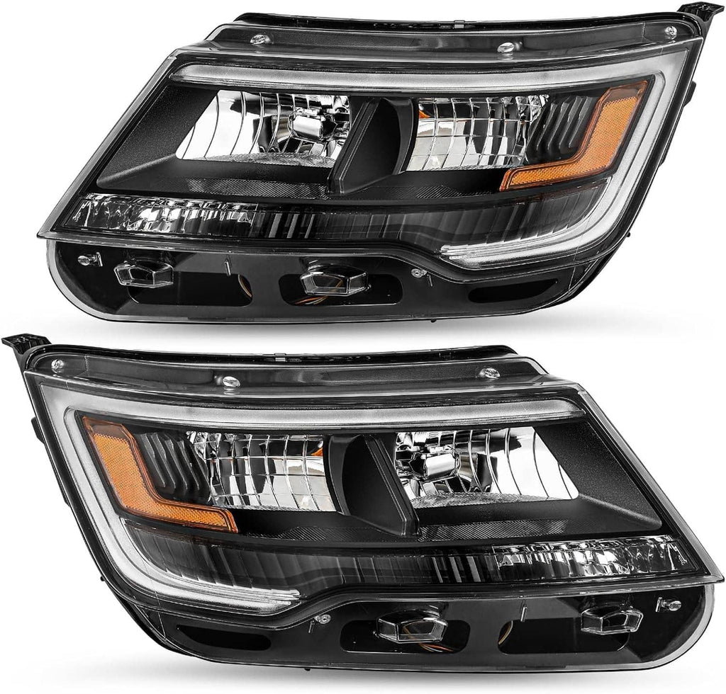 Black projector-style headlight assembly with amber side marker and reflective housing