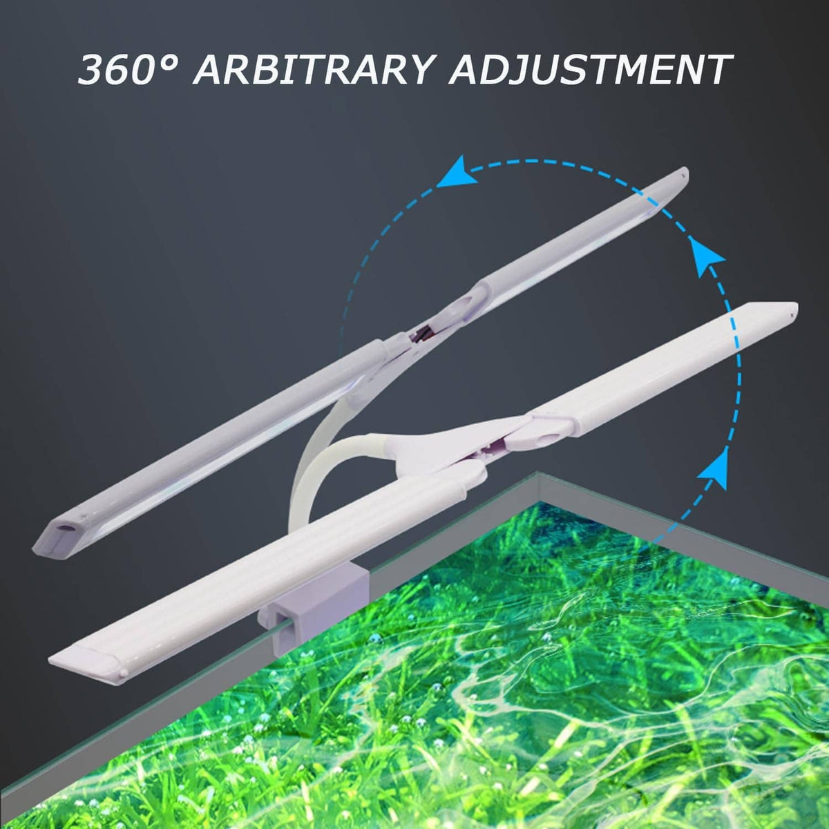 LED aquarium light with 360° adjustable dual heads over a green planted tank
