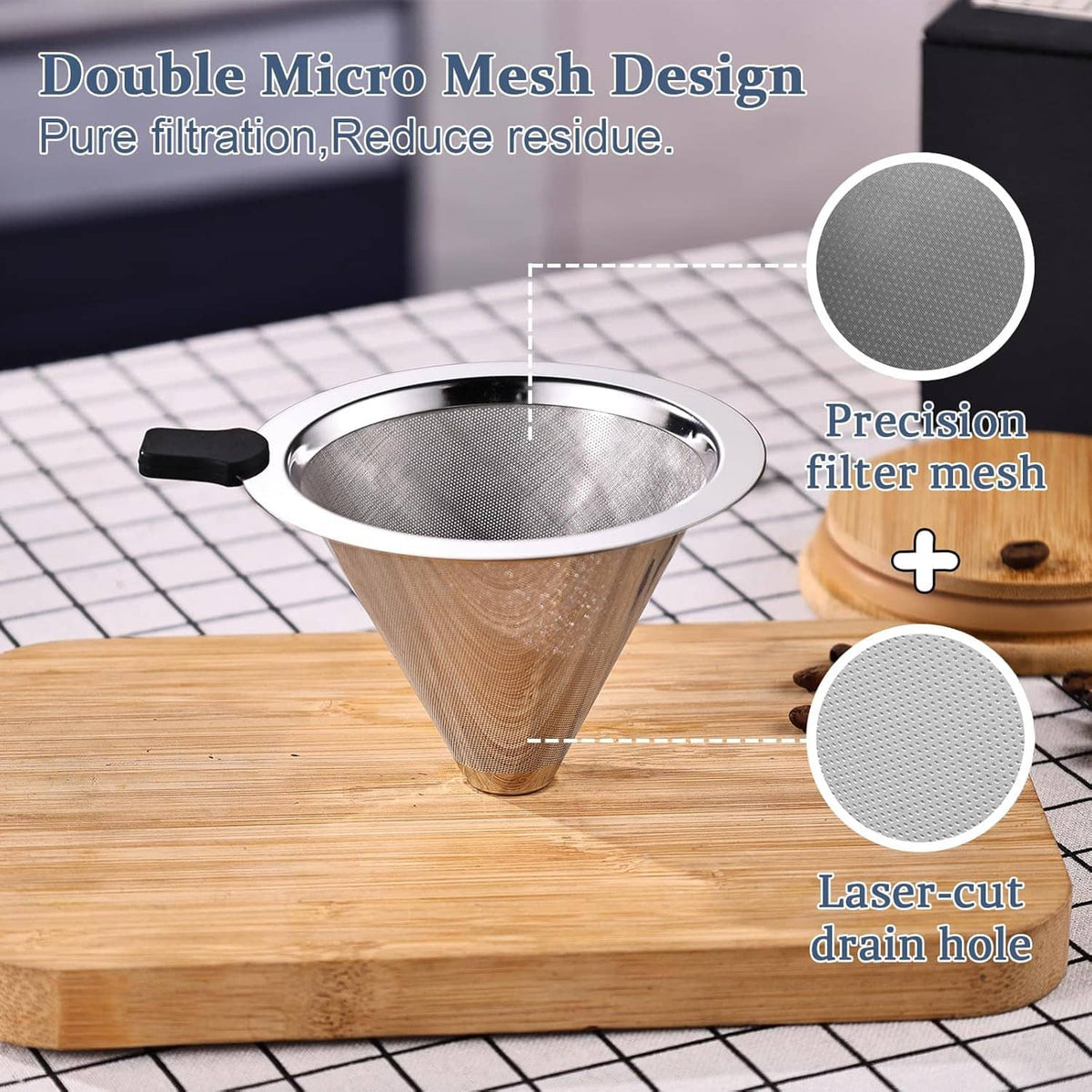 Stainless steel pour-over coffee cone dripper with fine micro-mesh and handle