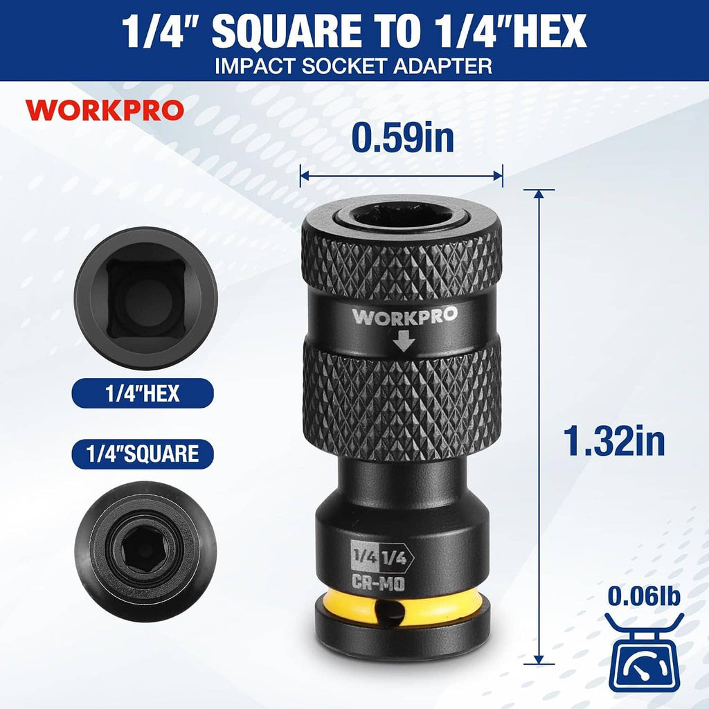 1/4-inch square to 1/4-inch hex impact socket adapter, black with yellow collar.