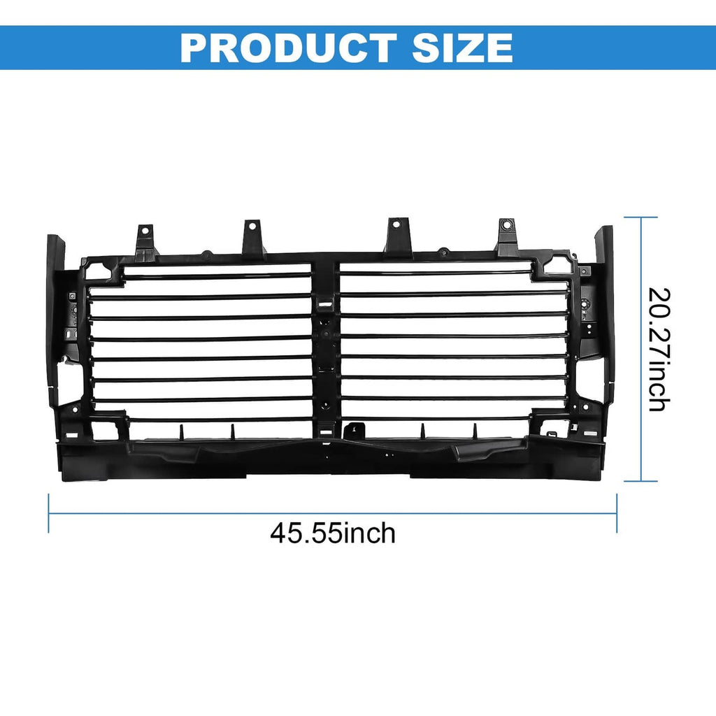 Black grille shutter insert with horizontal louvers and vehicle mounting frame
