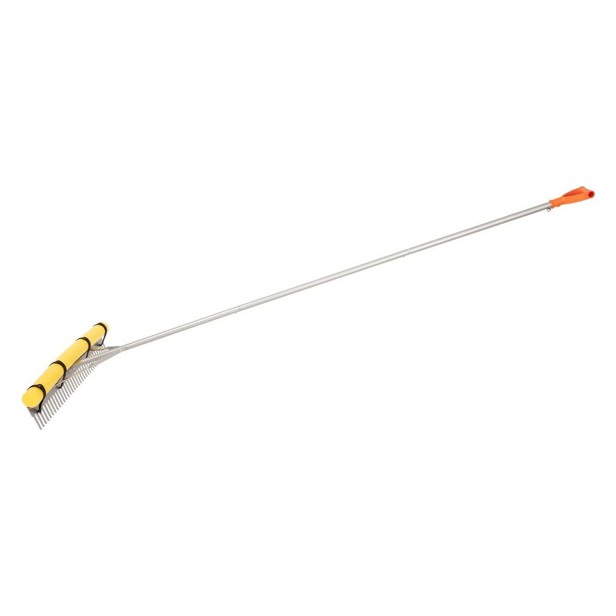Aluminum landscape rake with long shaft, metal tines, and orange handle tip
